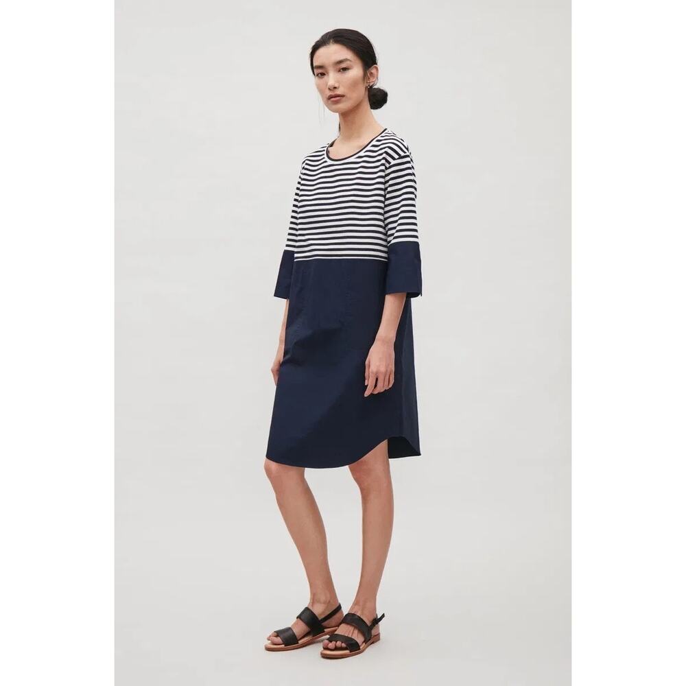 COS Size XS Knit Cotton Poplin Dress Navy Striped Shift Dress Minimalist
